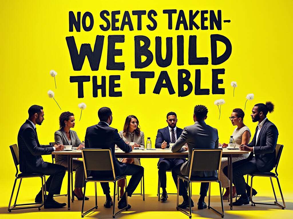 Image of ABiAn™ men and women at a conference table. "No Seats Taken—We Build the Table” – are the words on the image. A symbolic visual of a new kind of economy rising, led by ALT™ BLACK™ power.