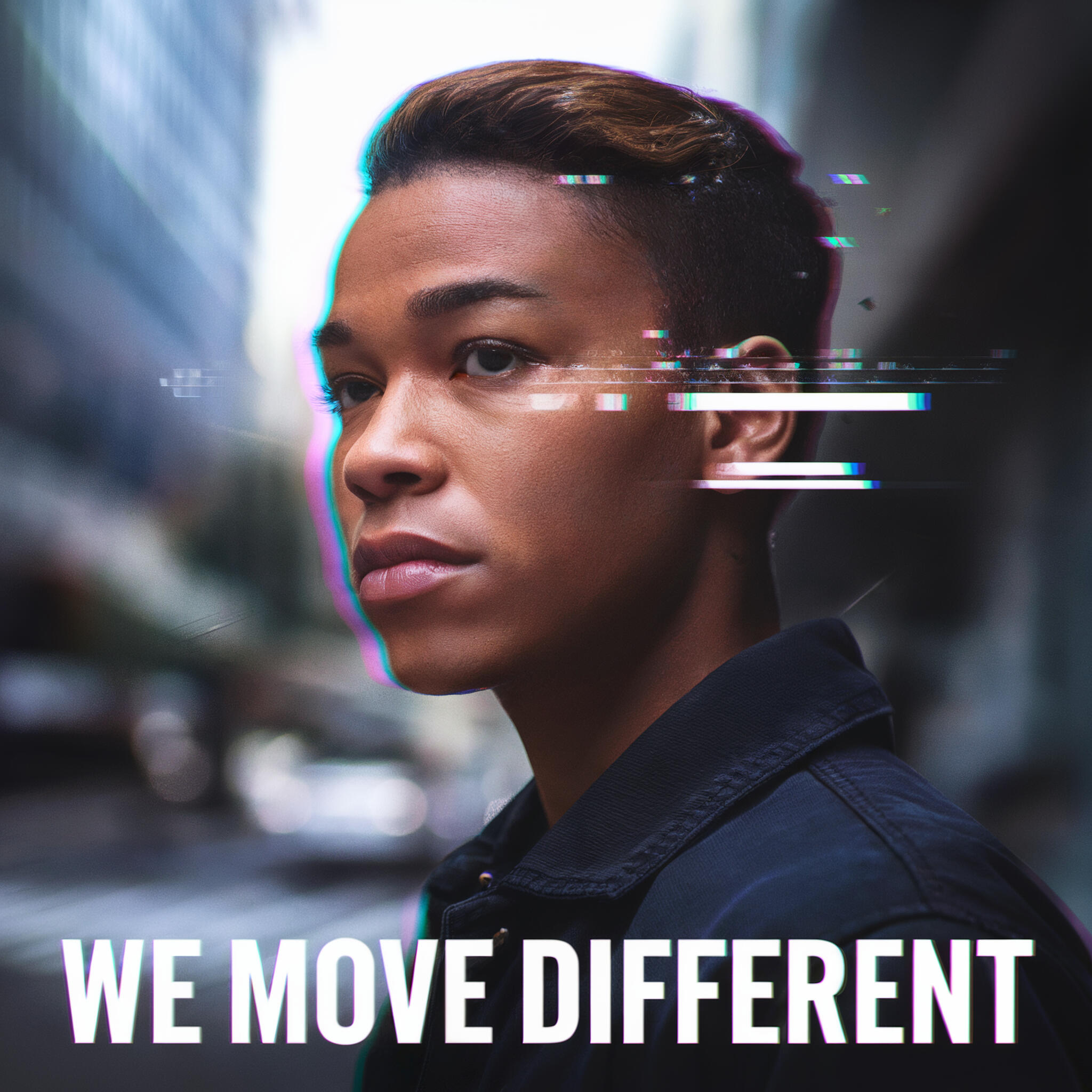 We Move Different A medium shot of a confident African Born in America/Black (ABiAn™) person with a side profile. The person has a serious expression and is staring ahead. There is a glitch effect on the person's face, with pixels and lines distorting their features. The ba